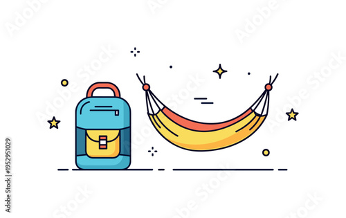 Portable hammock setup shown by a compact carry bag beside a partially extended sling, expressing convenience and travel readiness. The badge style design