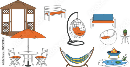 Cartoon outdoor furniture and garden illustration with gazebo, hammock, fire pit, pond, and patio design
