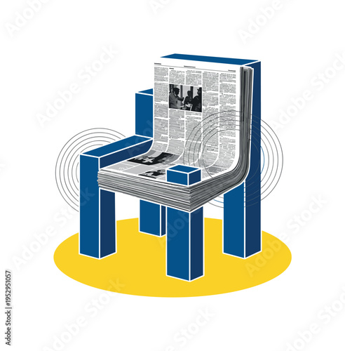 Black and white stack of old newspapers reshaped into an abstract chair, vivid yellow circle beneath like a foundation of ideas, deep blue rectangular blocks