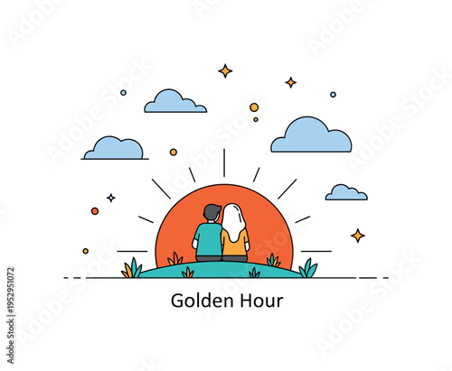 Watching a sunset with a loved one sitting side by side on a small hill as a bold orange sun dips below the horizon. Soft cloud shapes and a subtle ?Golden