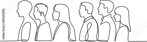 Continuous line art illustration of diverse human profiles standing in row for abstract design and creativity
