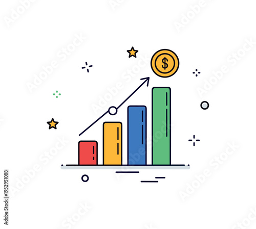 Revenue growth analytics concept centered on a stacked bar chart rising steadily, with a subtle coin icon reinforcing financial performance measurement. The