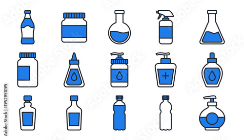vector Blue and White Bottle and Laboratory Flask Icon Set for Cosmetics, Medicine, and Chemicals
