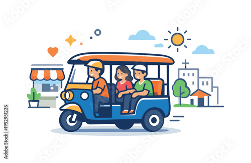 Tuk tuk city commute friendly urban mobility scene where a compact tuk tuk carries passengers through a busy neighborhood street suggesting