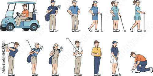 Cartoon golf illustration with players, clubs, bags, and cart for sport and recreational lifestyle design