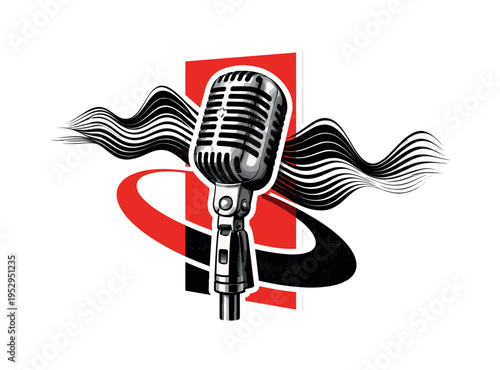 Vintage microphone in black and white merged with red rectangular block and curved semicircle shapes, abstract sound wave lines flowing across composition,