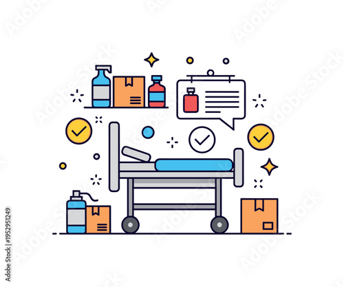 Healthcare resource management illustration built around a simple hospital bed icon with supply box symbols and checkmark accents, symbolizing allocation and