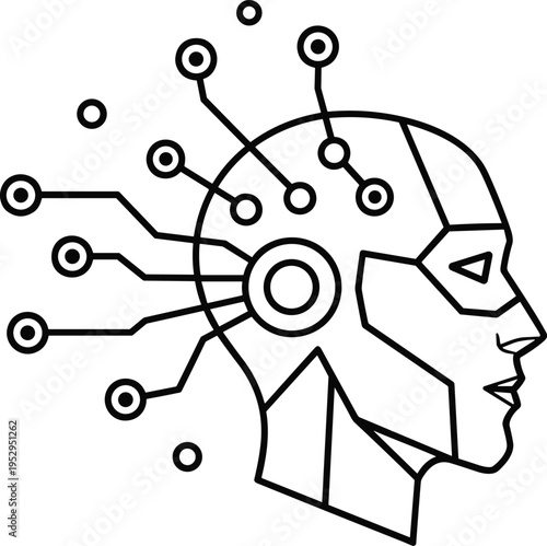 Artificial intelligence human head neural network icon, digital brain technology concept with machine learning data connections vector illustration