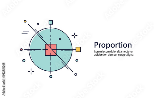 Minimal geometry study highlighting a large circle intersected by thin line segments and a small square. Clean negative space and a short ?Proportion? text