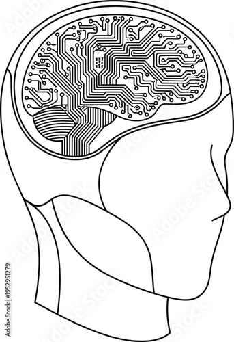 Artificial intelligence circuit brain inside human head icon, machine learning neural technology concept digital cognitive system vector illustration
