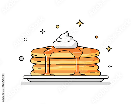 Golden pancakes with syrup and a topping of whipped cream, placed on a clean white plate, evoking delight, comfort, and a satisfying morning treat. Minimalist