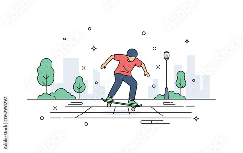 Skateboarding in a city plaza with small decorative abstract lines and dots, showing skillful tricks, agility, and youthful energy. Minimalist flat vector