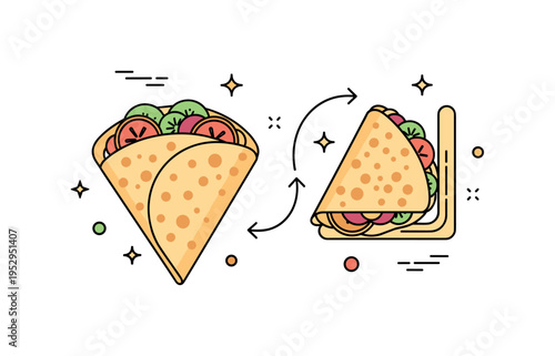 Crepe filling and folding process illustrated by a flat crepe with visible fruit slices and a curved fold motion line, symbolizing preparation and serving. The
