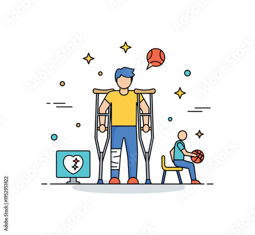 Athlete using crutches with a supportive environment around, symbolizing care, adaptation, and the journey of sports injury recovery. Minimalist flat vector