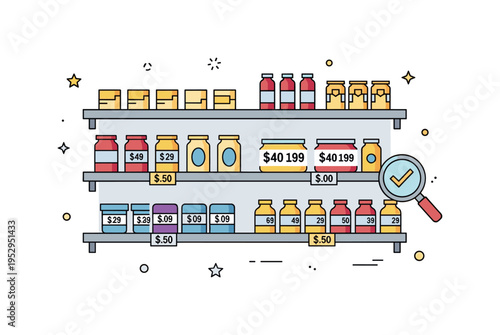 Supermarket aisle comparison concept featuring two shelf sections with clearly marked price labels and a subtle magnifier icon to suggest evaluation. The