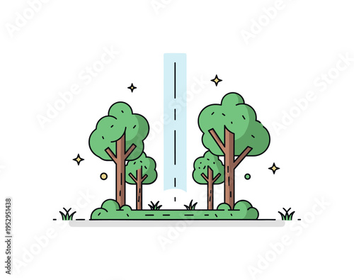 Forest clearing illuminated by a soft vertical light ray breaking through tree canopies. Small sparkle elements and minimal grass shapes create a poetic