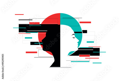 Black and white portrait split vertically into two profiles facing outward, bold circular halo uniting the halves behind, abstract rectangular shapes and