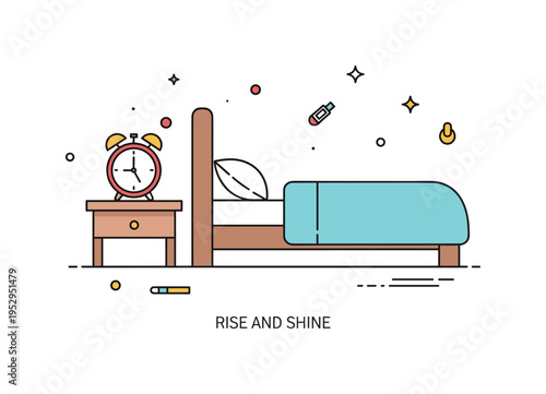 Morning alarm clock placed on a bedside table next to a neatly arranged bed, symbolizing routine and the quiet anticipation of a new day. A subtle ?Rise and