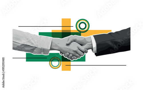 A monochrome handshake between people of different sleeves and styles, intersected by flat rectangular color blocks and concentric circles representing