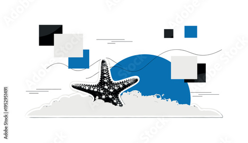 Black and white starfish partially covered by sea foam, bold blue semicircle rising behind like ocean sun, thin minimal line accents suggesting gentle current,