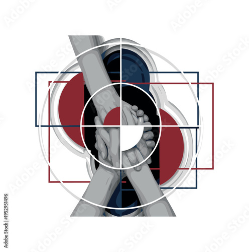 Monochrome close-up of intertwined family hands stacked together, intersected by abstract semicircles and structured rectangular shapes symbolizing unity,