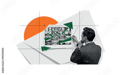 Black and white director reviewing a storyboard pinned to an abstract geometric wall, bright orange semicircle framing the board, dark green angular fragments