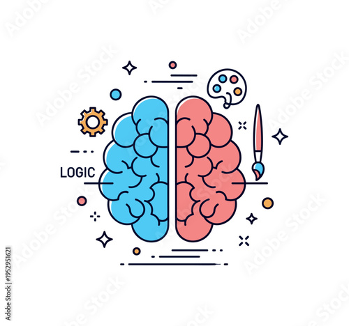 Brain hemisphere balance shown as a stylized brain divided into two colorful halves, with tiny icons of a gear and a paintbrush highlighting logic