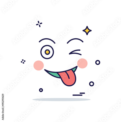 Playful wink and tongue out expression capturing cheeky humor and friendly mischief. A tiny sparkle accent and balanced layout form a fun editorial icon about