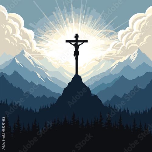 A silhouetted crucifix stands atop a hill bathed in radiant light with mountains and trees