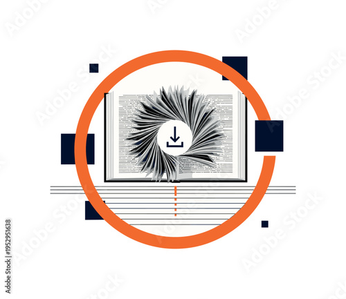 Black and white open book viewed from above with pages forming circular spiral, bold orange circular frame reinforcing motion, thin timeline-like horizontal