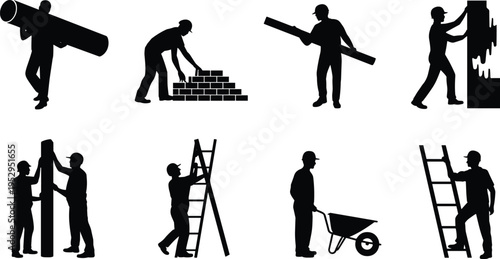 construction worker silhouettes set, pipe carrying bricklaying ladder work, industrial labor, building maintenance, professional workforce, engineering construction, manual activities