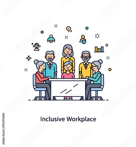 Workplace age diversity illustrated by a group of employees of different generations gathered around a simple desk. A gentle ?Inclusive Workplace? text detail