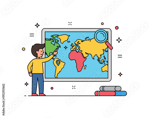 Exploring continents theme with a student highlighting a specific region on a colorful classroom map. Subtle sparkle accents and a small magnifying glass icon
