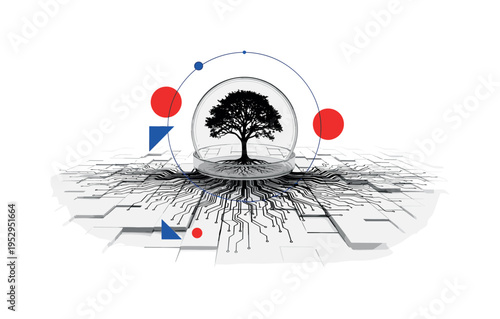 Black and white tree growing from stacked geometric blocks resembling financial assets, flat circular halo behind symbolizing long-term growth, thin linear
