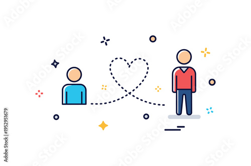 Long distance friendship two small figures connected by dotted line forming a soft heart shape between them. A modern concept badge about staying emotionally