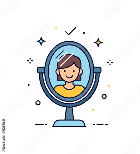 Supportive self reflection mirror reflecting a smiling version of the same person with subtle check mark above. A compact concept badge about self acceptance