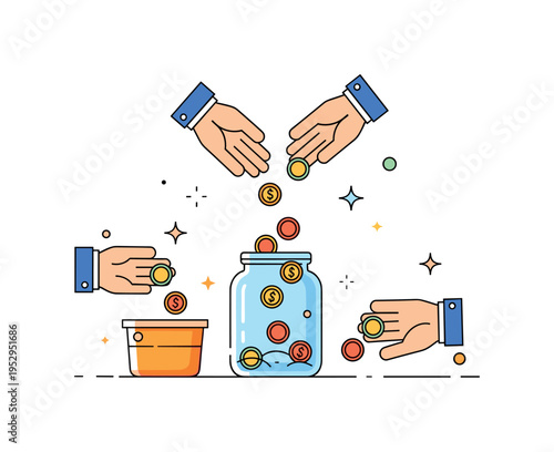 Community fundraising event simplified donation jar with small coins dropping in from multiple hands, subtle star accents emphasizing generosity. A friendly