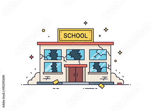 Broken school window scene showing a simple facade with visible cracks and a faded school sign above the entrance. Gentle dust particles and minimal debris