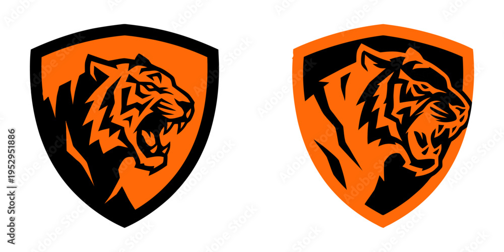 Fototapeta premium Tiger head logo set featuring roaring feline inside shield designs symbolizing strength