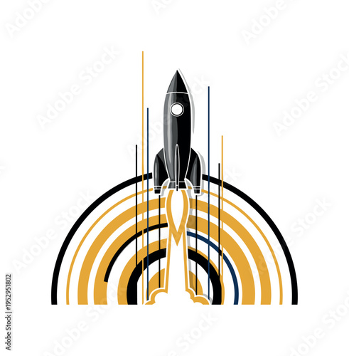Black and white realistic rocket launching upward, bold concentric circles expanding outward like propulsion energy, thin diagonal lines emphasizing vertical