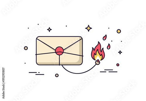 Memory release old style letter tied with string catching fire at the tip, small glowing embers suggesting fading recollections. A nostalgic concept badge