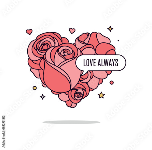 Rose Valentine icon featuring a compact heart shape formed by overlapping petals. A gentle ?Love Always? text detail communicates romance and heartfelt