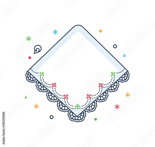 Vintage lace handkerchief delicate scalloped edges and tiny floral embroidery arranged in a soft symmetrical layout. A refined editorial scene celebrating