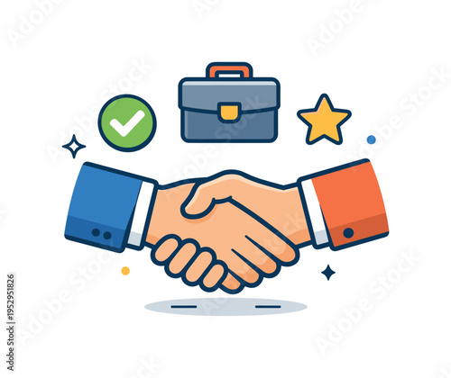 Sales representative handshake illustrated as a friendly agreement gesture with subtle success symbols like stars or checkmarks, conveying confidence and