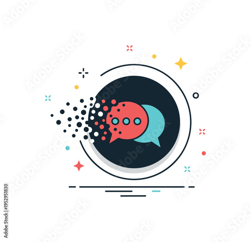 Sound fading into darkness featuring a speech bubble icon dissolving into fragmented dots within a shadowed circular frame, symbolizing echoes lost in the