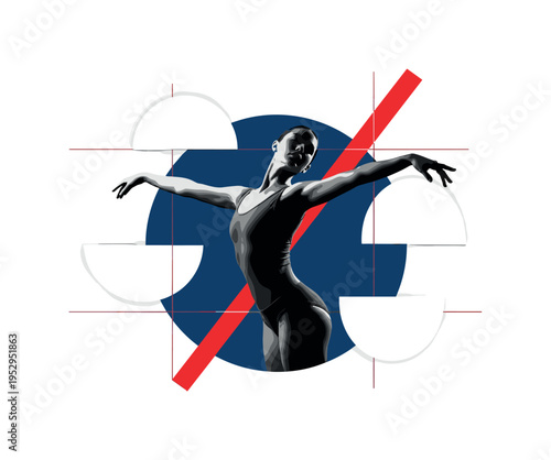 Black and white classical ballet dancer frozen mid-pose, deep blue circular backdrop behind torso, sharp red diagonal bar adding dynamic contrast, abstract