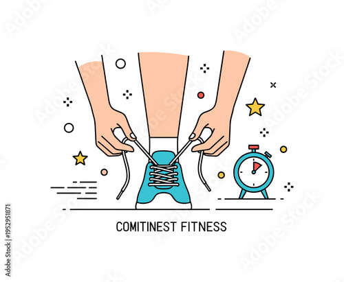 Personal fitness ritual symbolized by carefully tying shoelaces before stepping into motion. A small timer icon and minimal speed lines complete the cohesive
