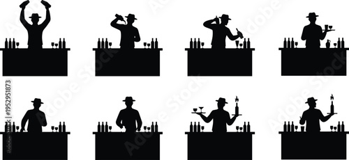 Bartender silhouettes collection, cocktail mixing and serving icons set, bar staff figures with drinks for nightlife, restaurant, hospitality and beverage design