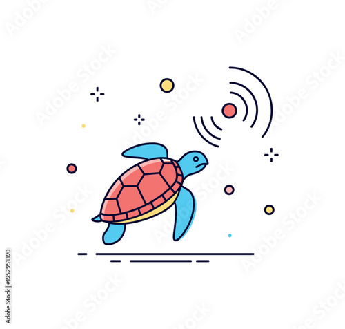 Marine endangered species tracking featuring a stylized sea turtle icon paired with a subtle satellite signal symbol, expressing ocean conservation and