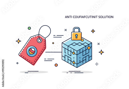 Anti counterfeiting solution product tag icon connected to a blockchain cube with a small lock symbol, conveying authenticity verification. A concise editorial